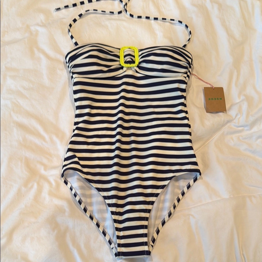 Boden Navy and White Striped Swimsuit with Yellow Accent